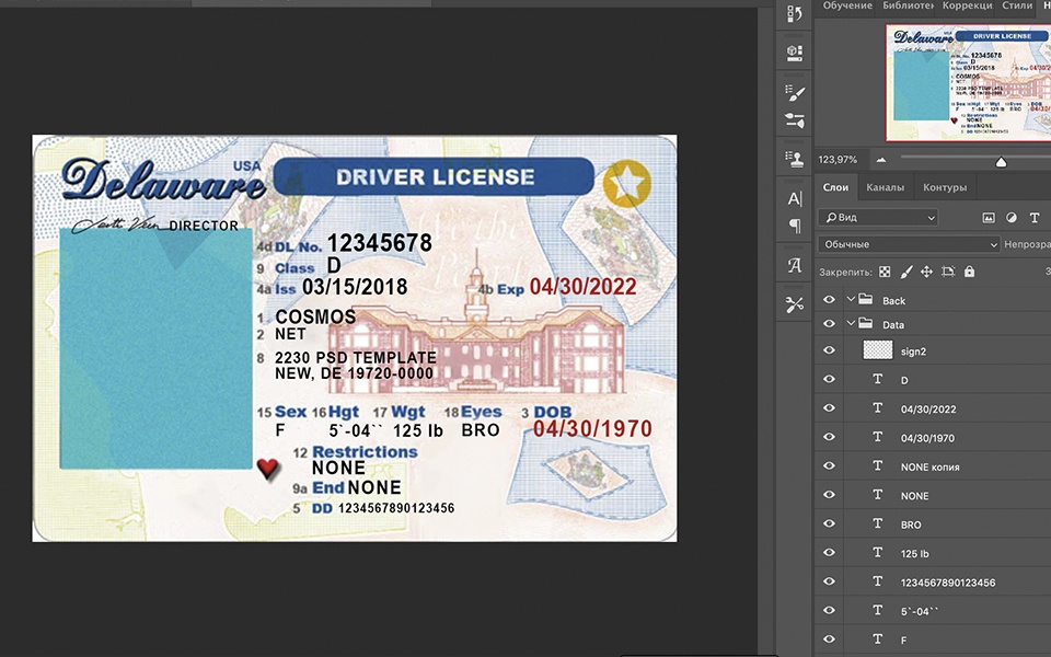 Delaware driver license Psd Template