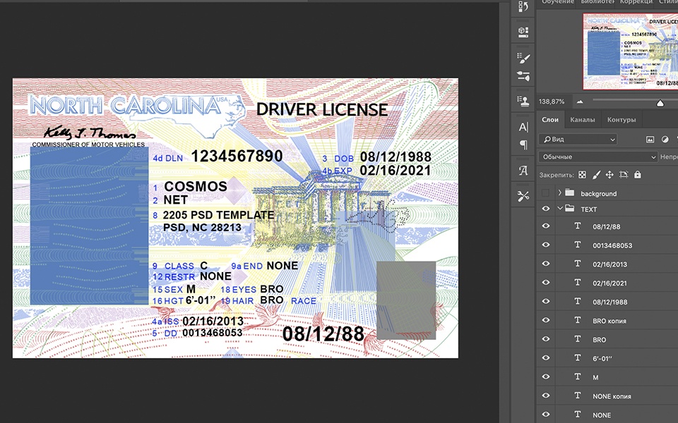 North Carolina driver license Psd Template