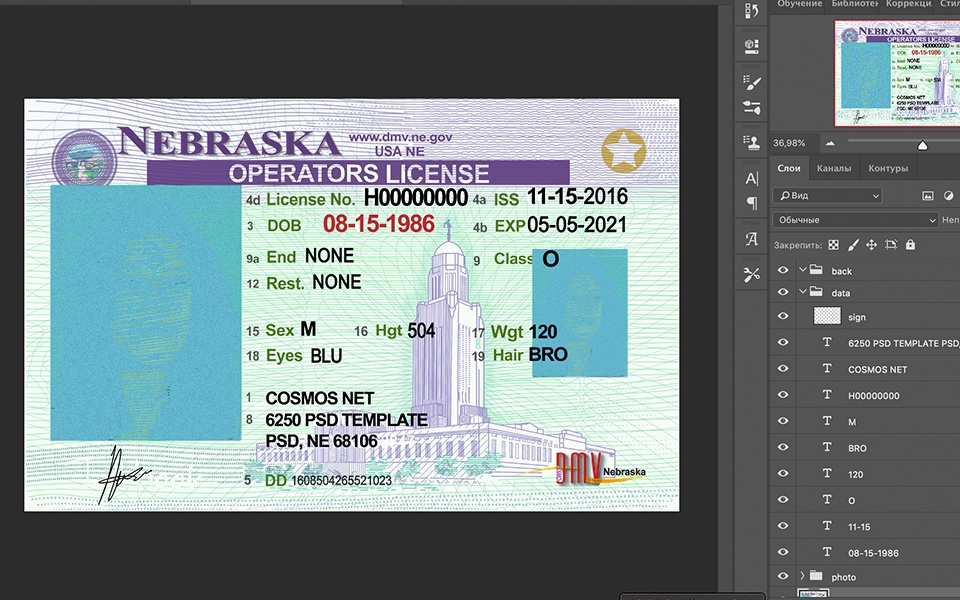 Nebraska driver license Psd Template