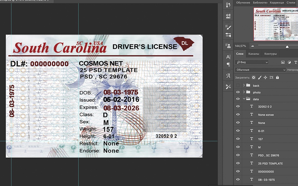 South Carolina driver license Psd Template