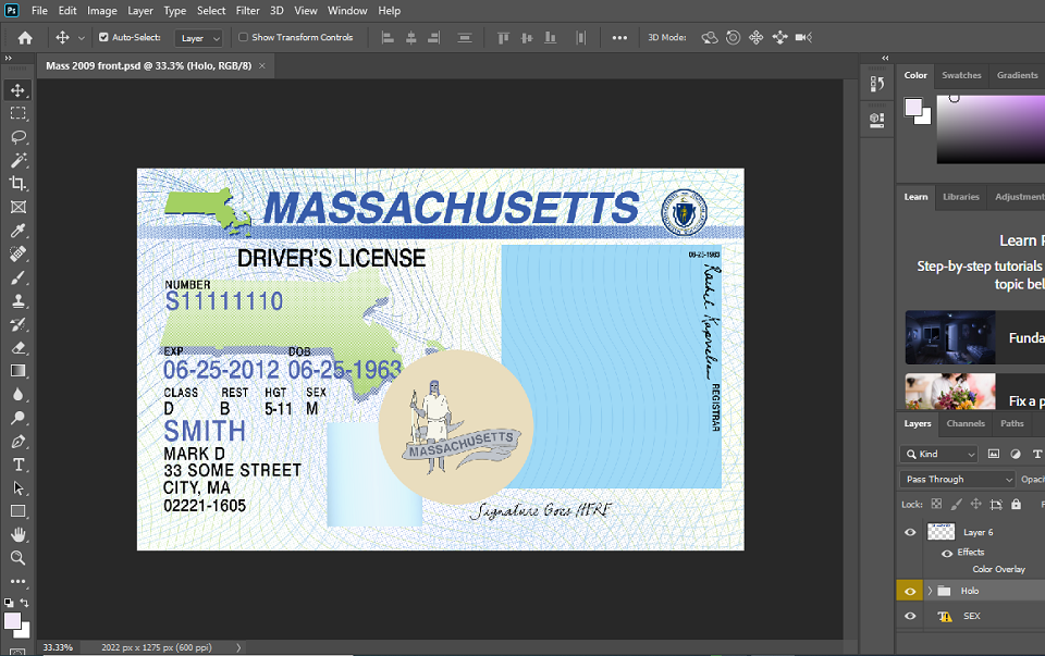 Massachusetts Driver License PSD Template