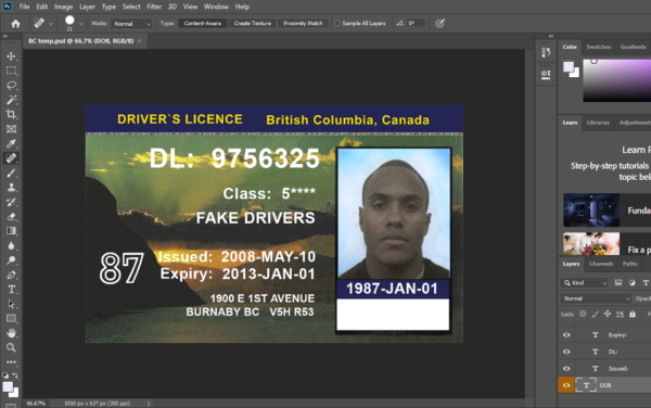 British Columbia Driver License PSD Template (old version)