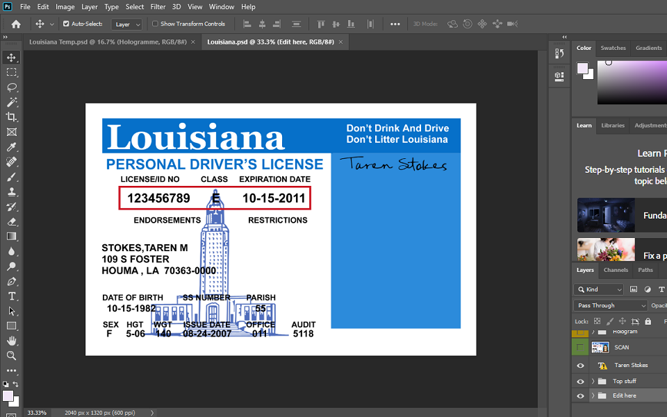 Louisiana Driver License PSD Template (old version)