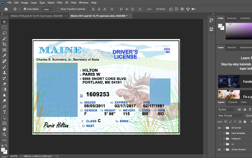 Maine Driver License PSD Template (old version)