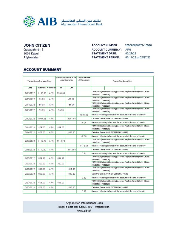 Afghanistan International Bank AIB bank statement template in Excel and PDF format 600x776 - Cart