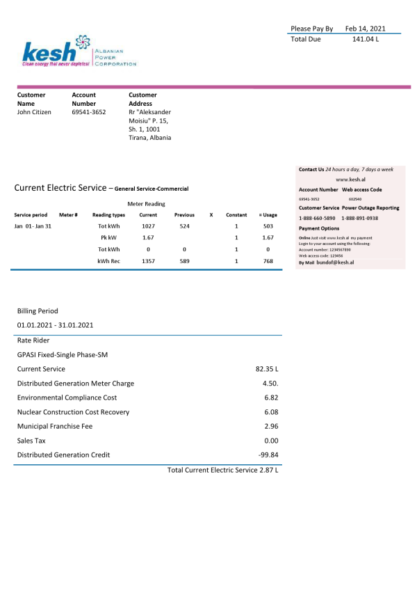Albania Albanian Power Corporation utility bill template in Word and PDF format