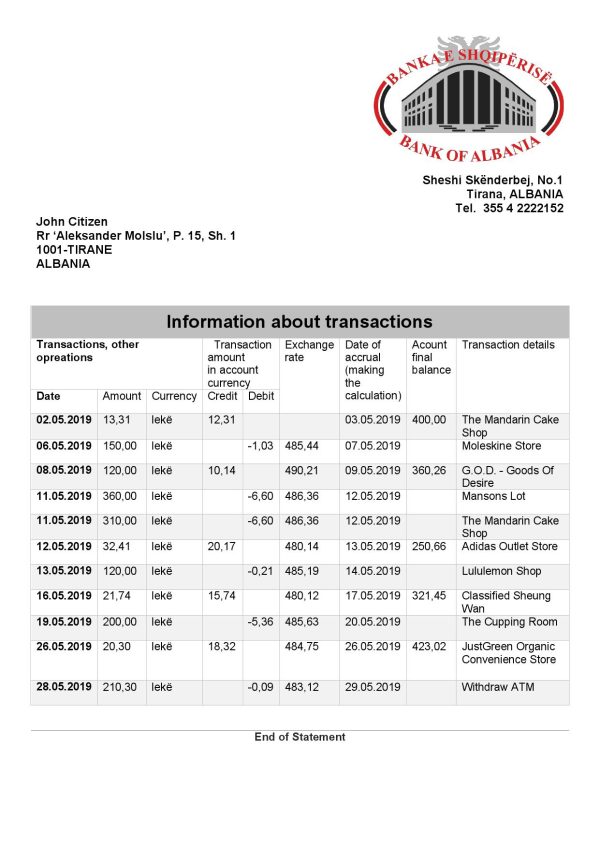 Albania Bank of Albania bank statement template in Word and PDF format 600x848 - Cart