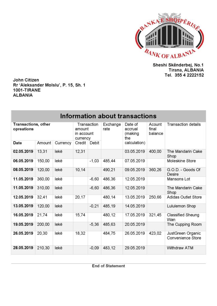 Albania Bank of Albania bank statement template in Word and PDF format