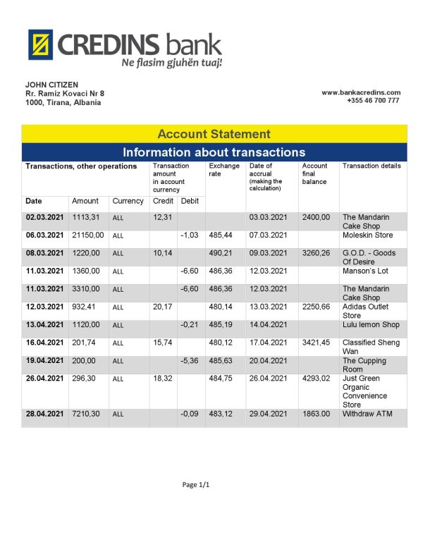 Albania Credins Bank statement template in Word and PDF format 600x776 - Cart