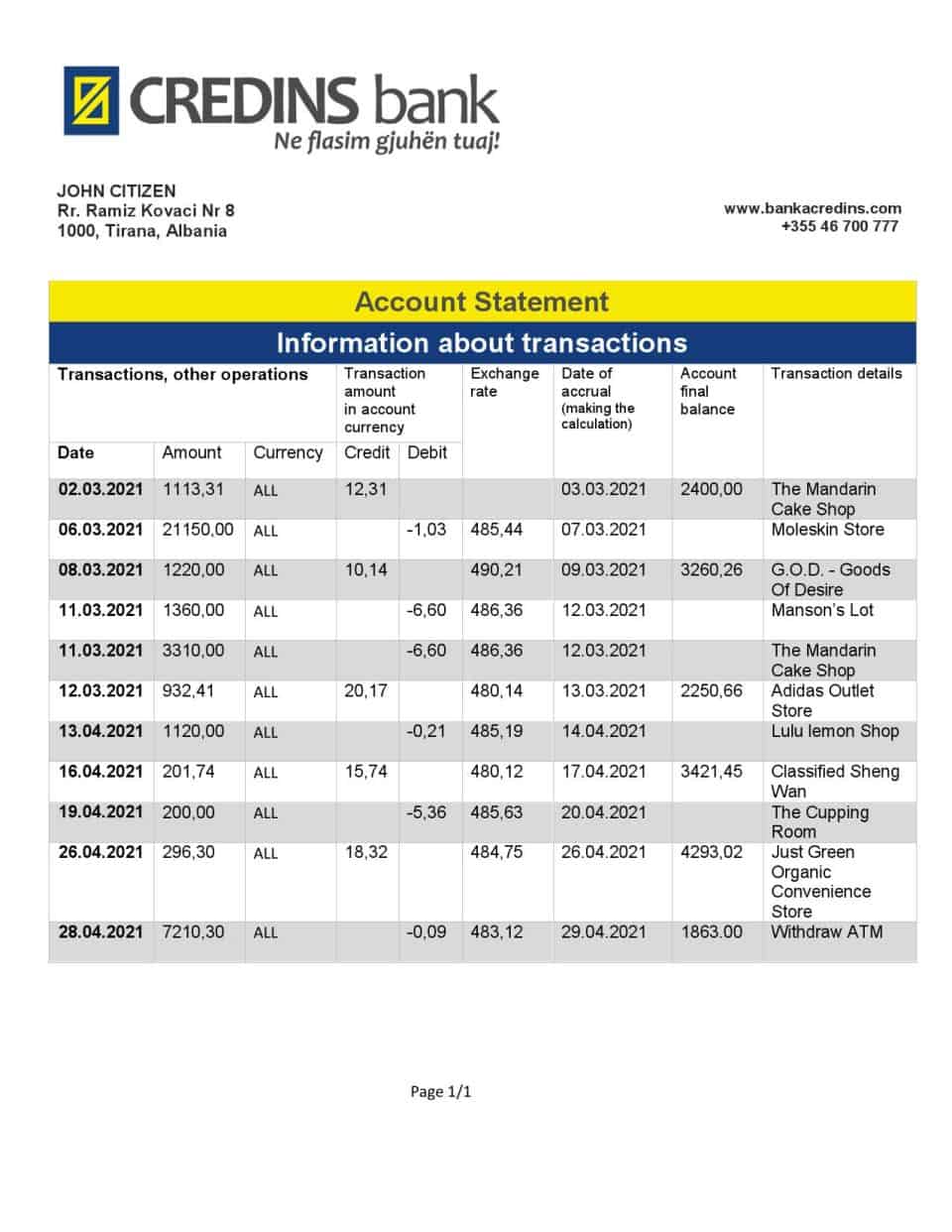 Albania Credins Bank statement template in Word and PDF format