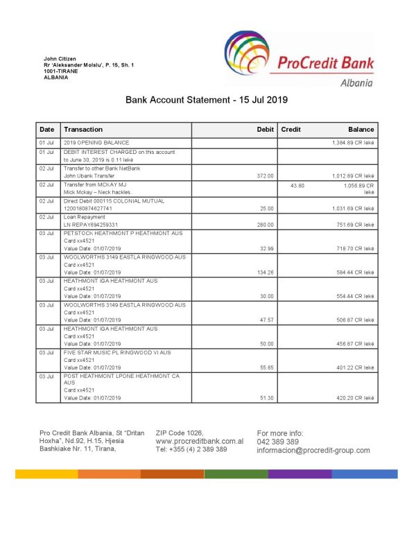 Algeria Banque de Developpement Local (BDL) bank account statement template in Word and PDF format