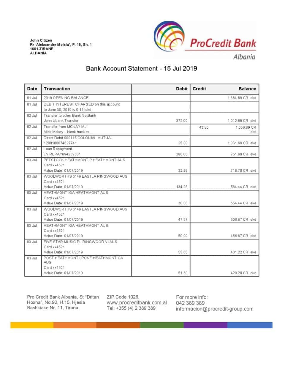 Albania ProCreditBank proof of address bank statement Word and PDF template, .doc and .pdf format