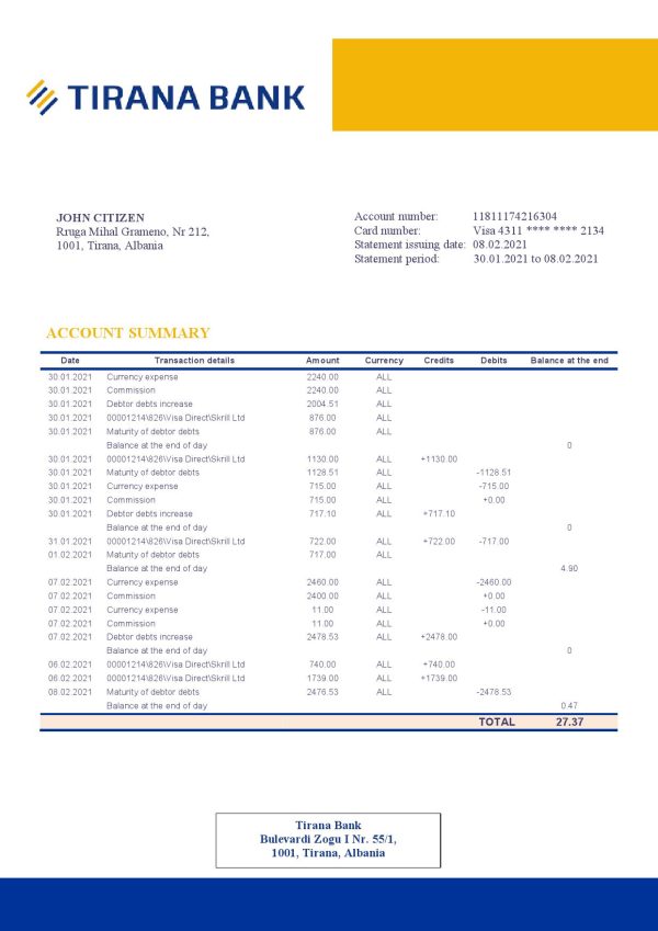 Albania Tirana bank statement template in .doc and .pdf format fully editable 600x849 - Cart