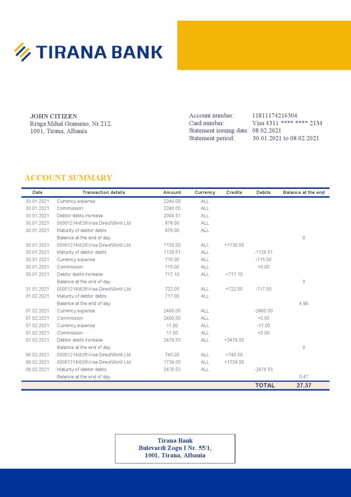 Albania Tirana bank statement template in .doc and .pdf format, fully editable