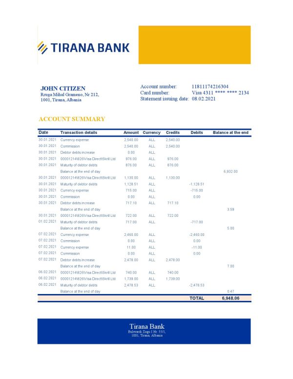 Albania Tirana bank statement template in Excel and PDF format 600x776 - Cart
