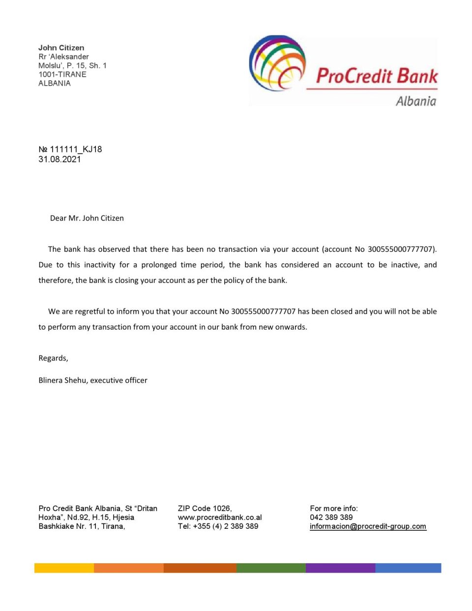 Albania ProCredit bank account closure reference letter template in Word and PDF format