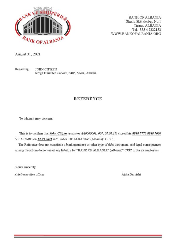 Albania Bank of Albania bank account closure reference letter template in Word and PDF format