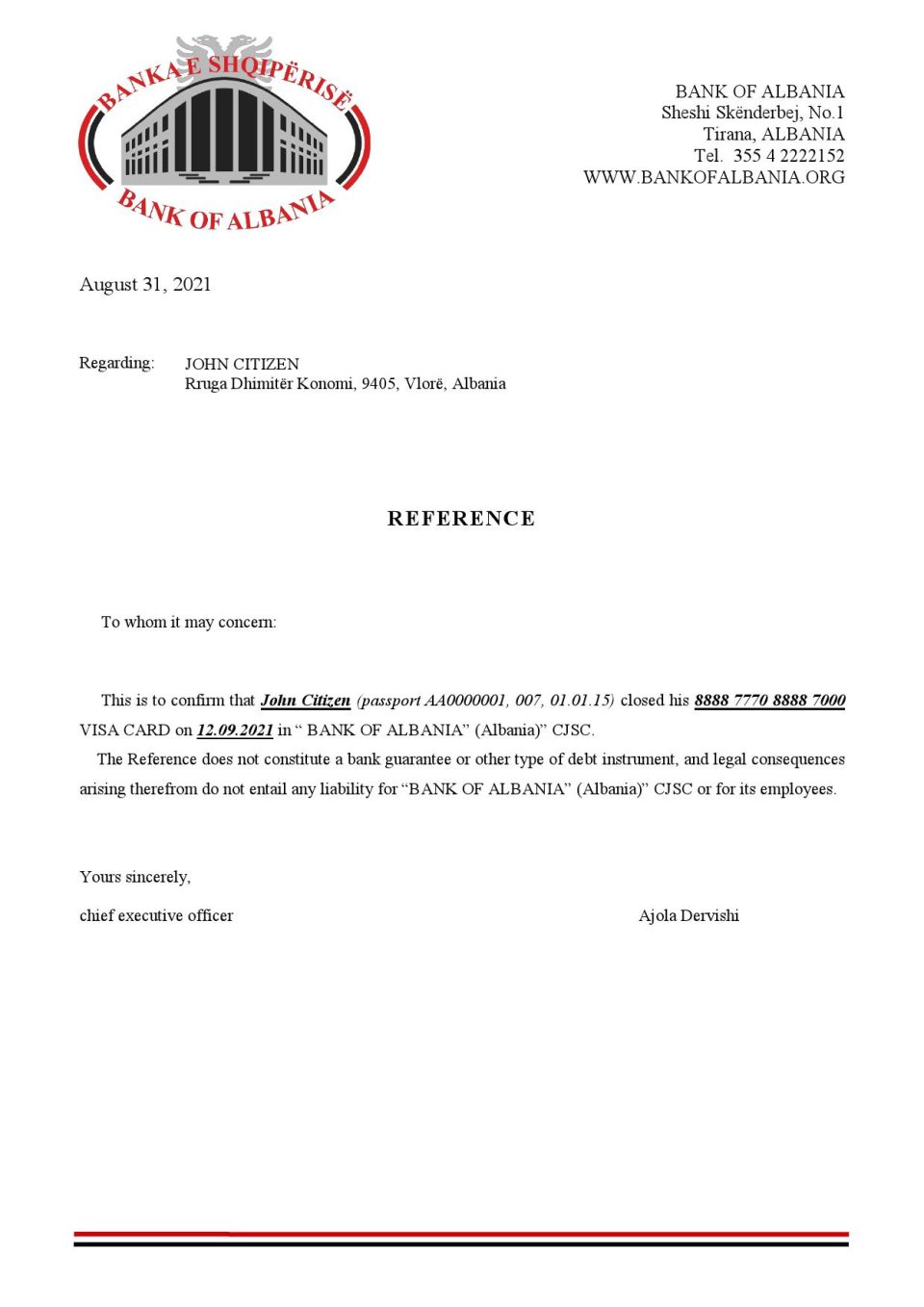 Download Albania Bank of Albania Bank Reference Letter Templates | Editable Word