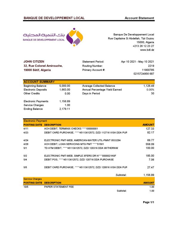 Algeria Banque De Developpement Local bank statement template in Excel and PDF format 600x776 - Cart