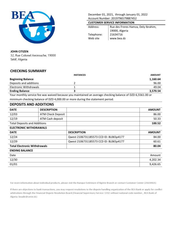 Algeria Banque exterieure dAlgerie bank statement template in Word and PDF format 600x776 - Cart