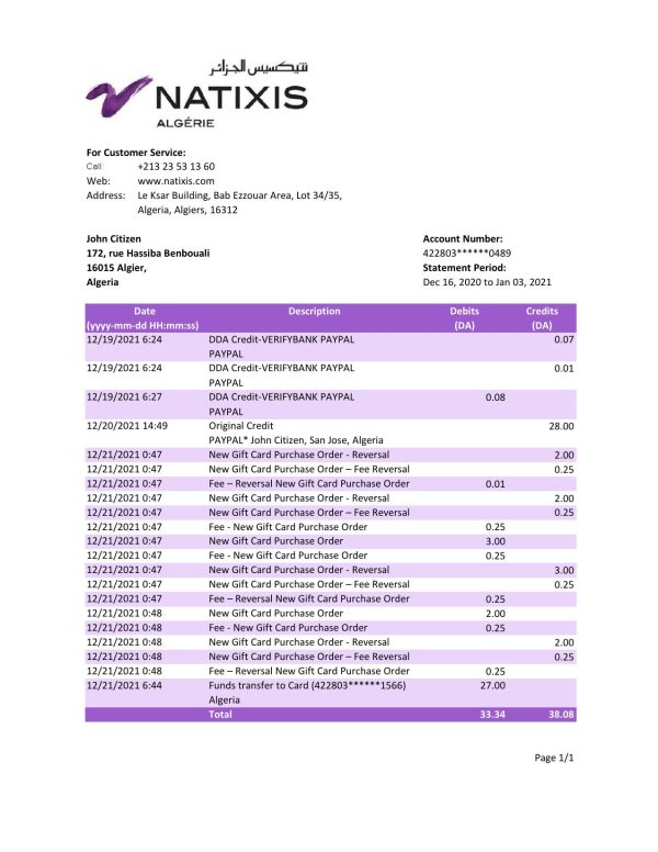 Algeria Natixis Algerie bank statement template in Excel and PDF format 600x776 - Cart