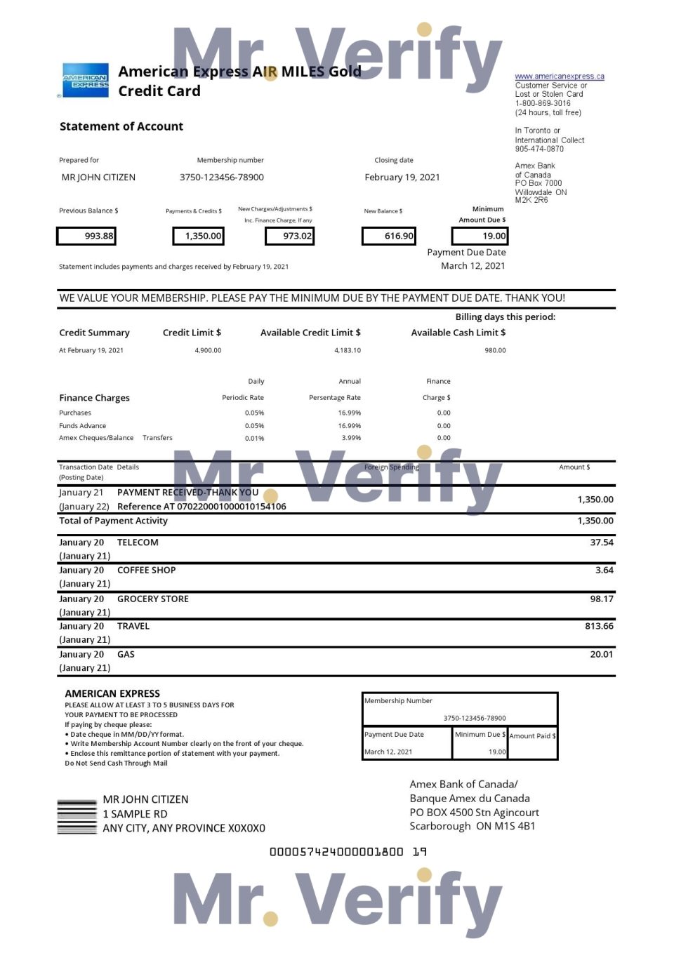Canada American Express Air Miles Credit Card account statement template in .xls and .pdf file format (AutoSum)