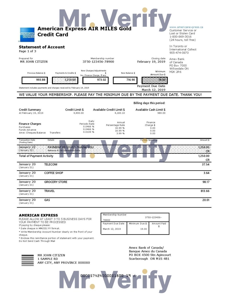 Canada American Express Air Miles Credit Card account statement easy to fill template in Word and PDF format