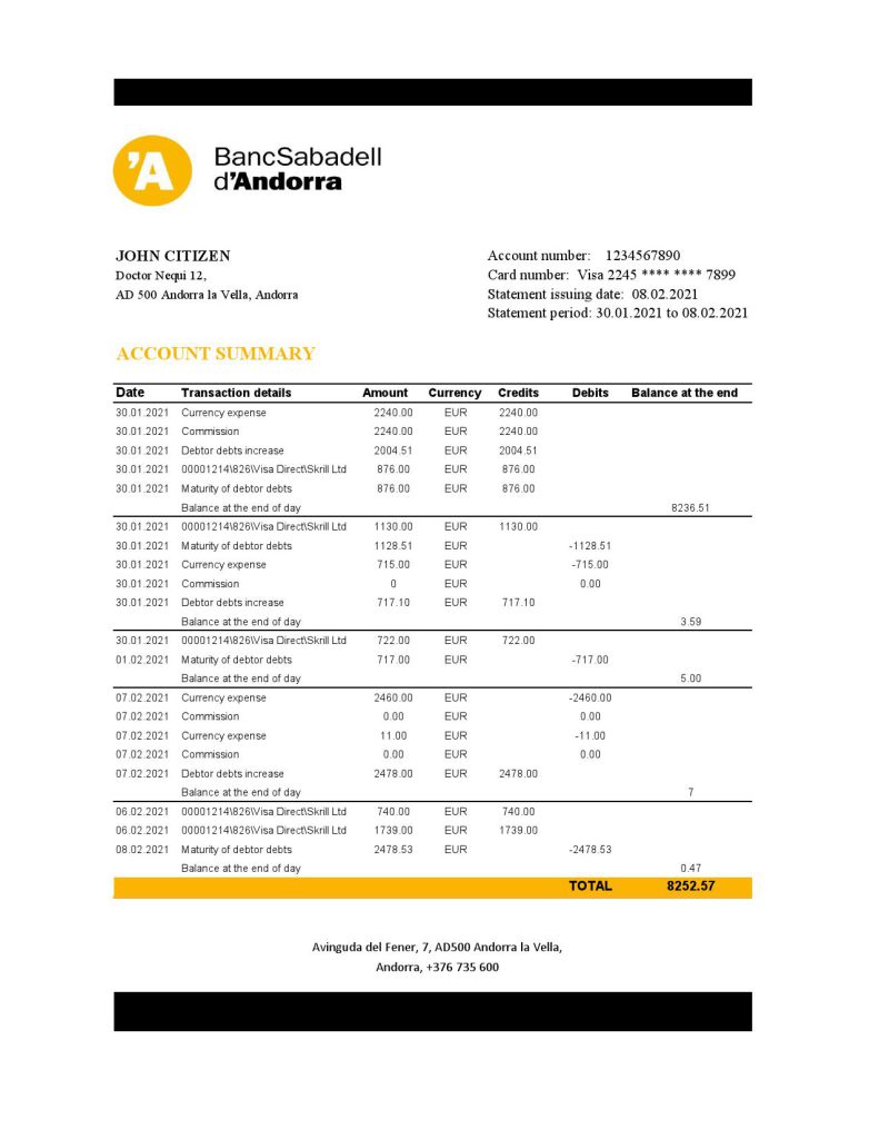 Andorra BancSabadell d’Andorra bank statement template in Excel and PDF format