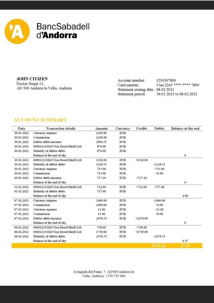 Andorra BancSabadell d’Andorra bank statement template in Word and PDF format