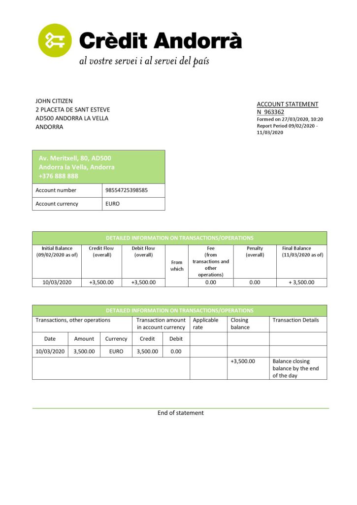 Andorra Credit Andorra bank statement template in Word and PDF format