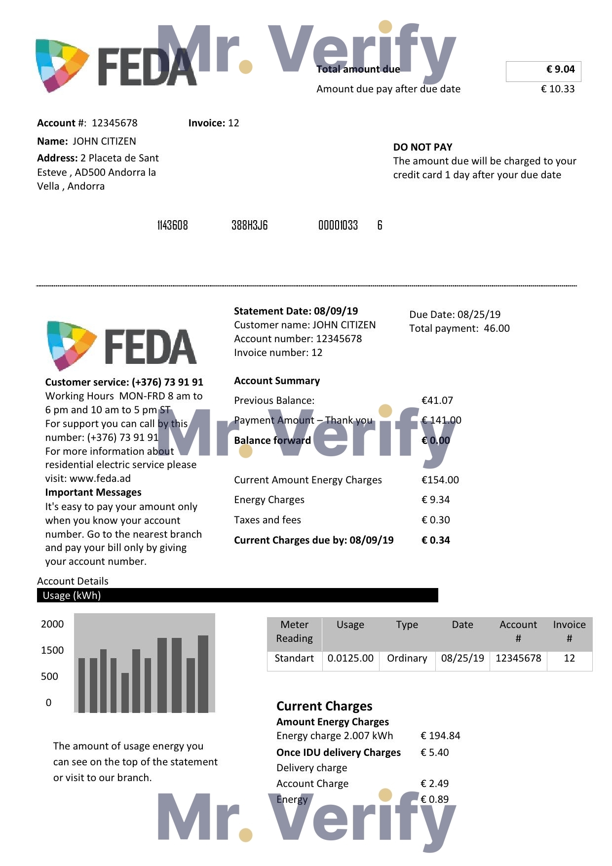 Andorra ELECTRIC FORCES OF ANDORRA utility bill template in Word and PDF format