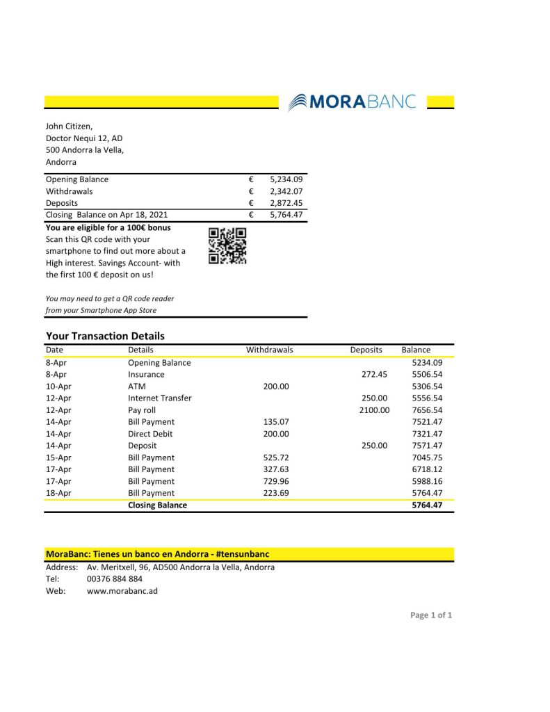 Andorra MoraBank bank statement template in Excel and PDF format