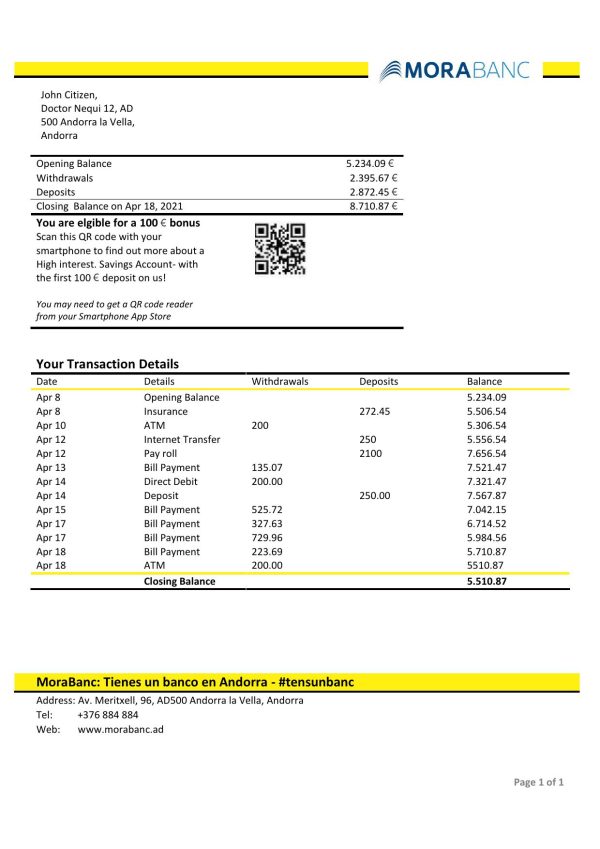 Andorra MoraBank bank statement template in Word and PDF format