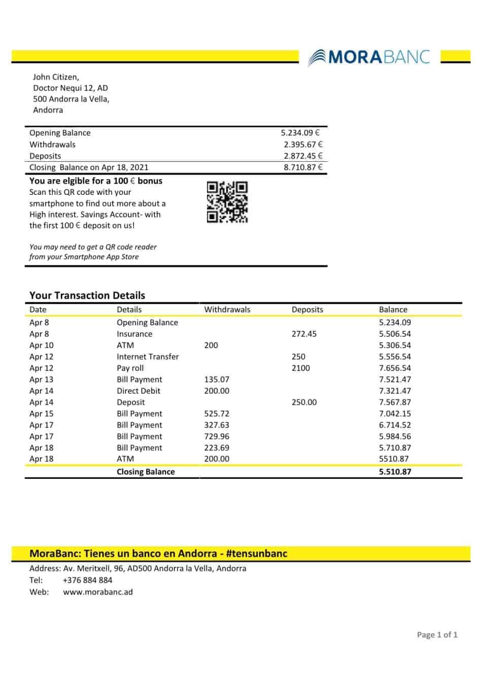 Andorra MoraBank bank statement template in Word and PDF format