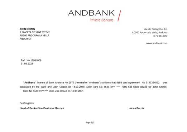 Andorra Andbank account closure reference letter template in Word and PDF format