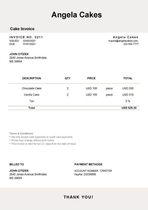 USA Angela Cakes invoice template in Word and PDF format, fully editable