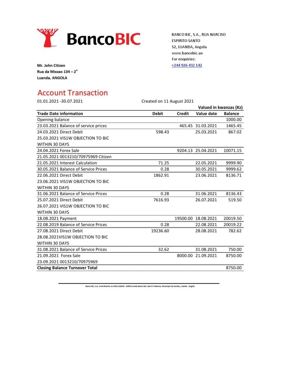 Angola Banco BIC bank statement template in Excel and PDF format