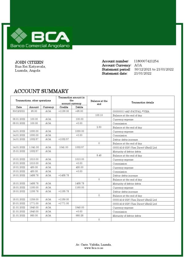 Angola Banco Comercial Angolano bank statement template in Word and PDF format