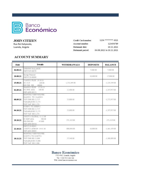 Angola Banco Economico bank statement template in Excel and PDF format