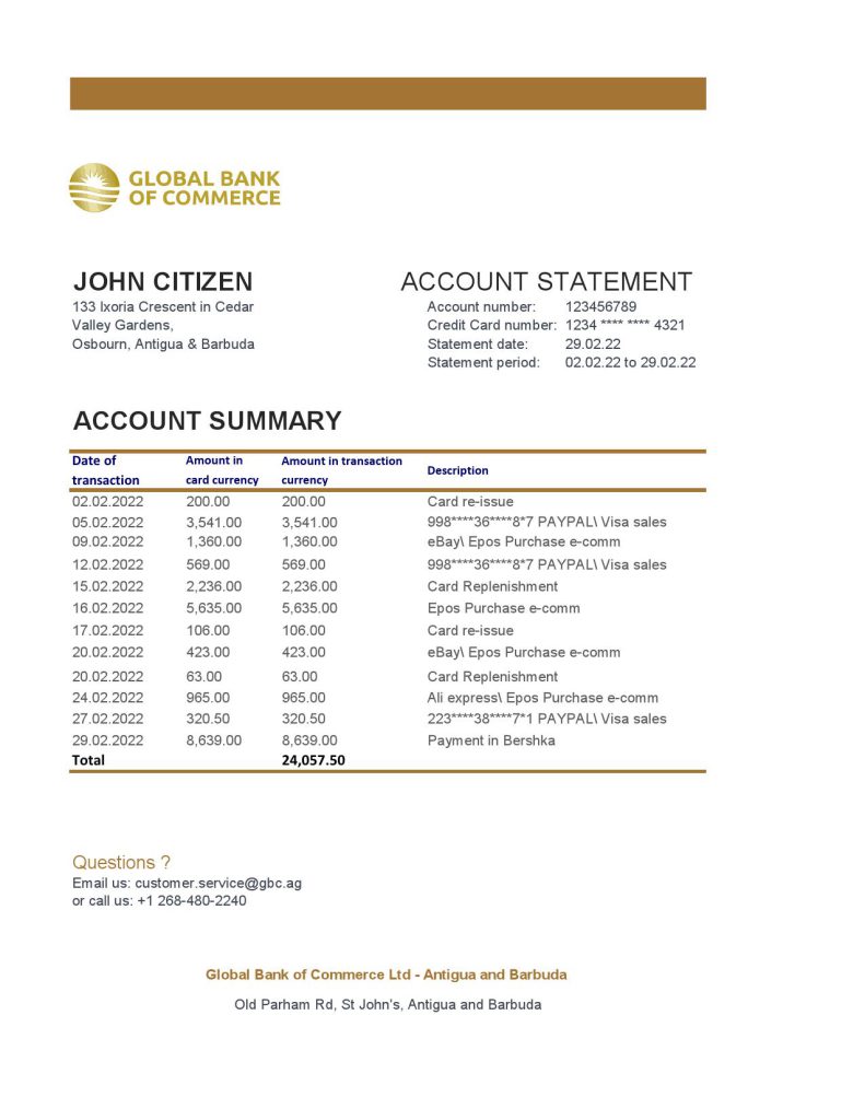 Antigua and Barbuda Global Bank of Commerce bank statement template in Excel and PDF format