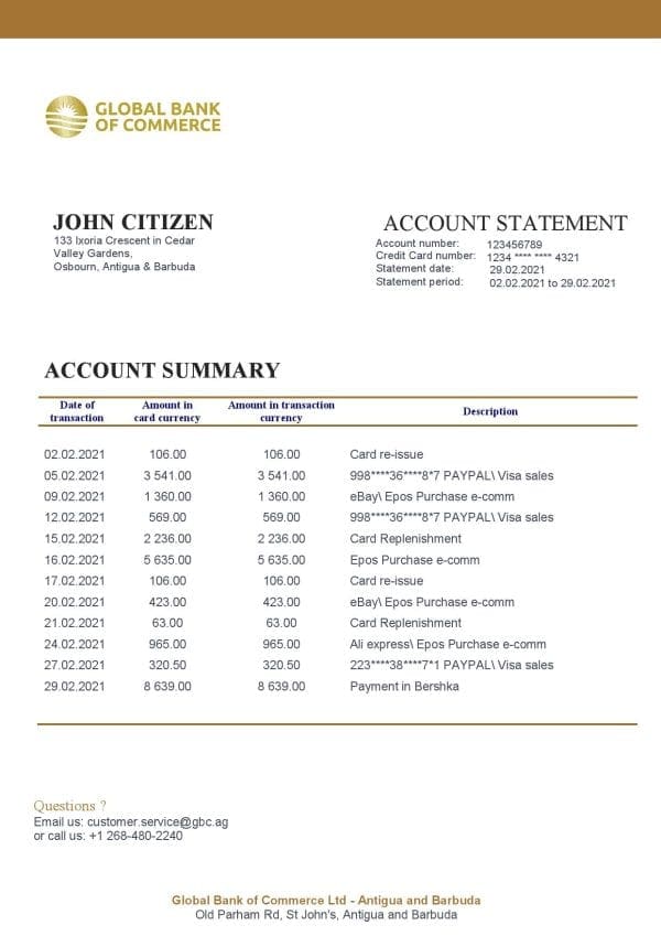 Antigua and Barbuda Global Bank of Commerce bank statement template in Word and PDF format