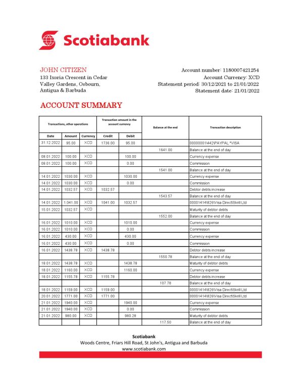 Antigua and Barbuda Scotiabank bank statement template in Excel and PDF format