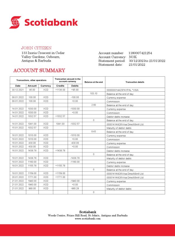 Antigua and Barbuda Scotiabank bank statement template in Word and PDF format 600x849 - Cart