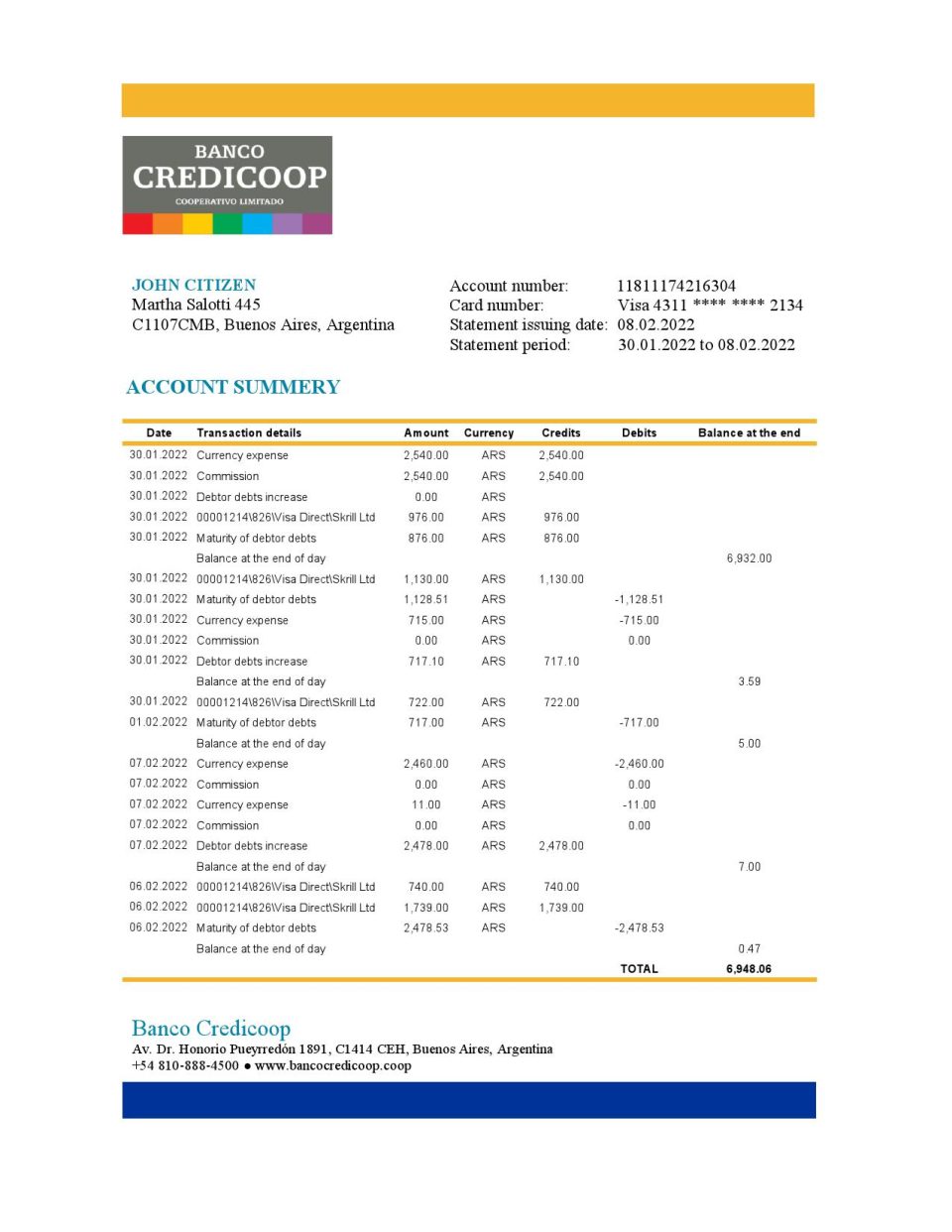 Argentina Banco Credicoop bank statement template in Excel and PDF format
