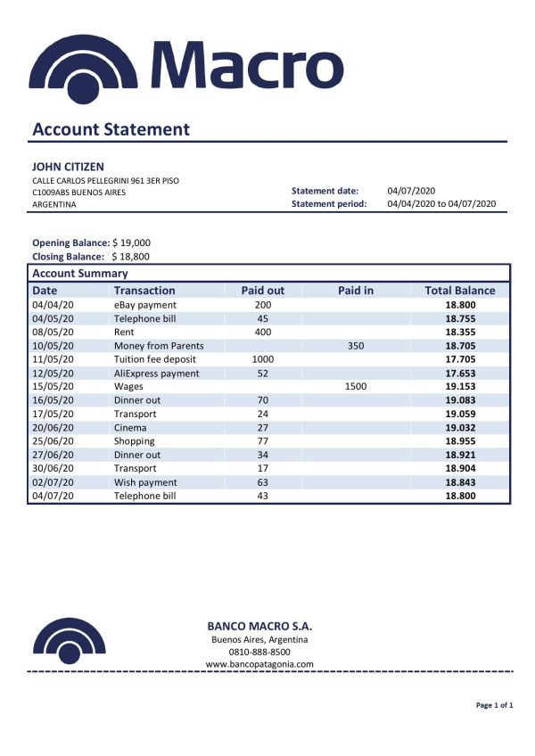 Argentina Banco Macro S. A. bank statement template in Excel and PDF format