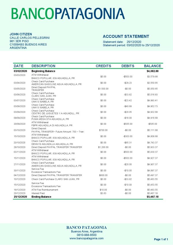 Argentina Banco Patagonia bank statement template in Word and PDF format 600x849 - Cart