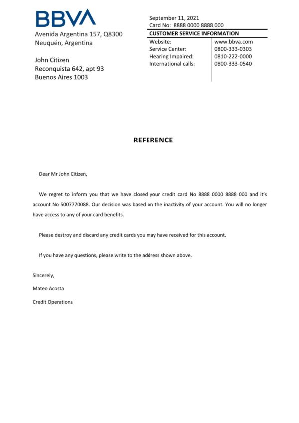 Argentina BBVA bank account closure reference letter template in Word and PDF format