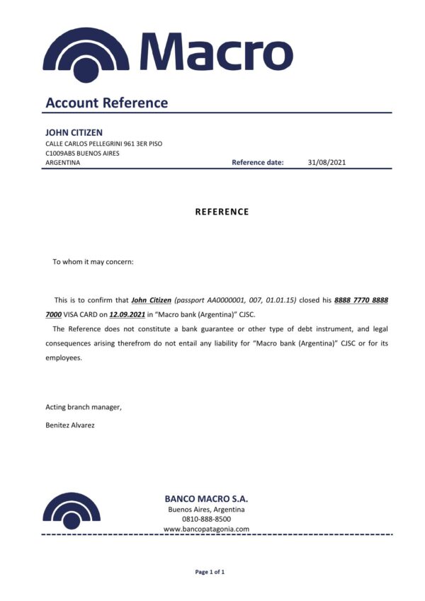 Argentina Banco Macro bank account closure reference letter template in .doc and .pdf format