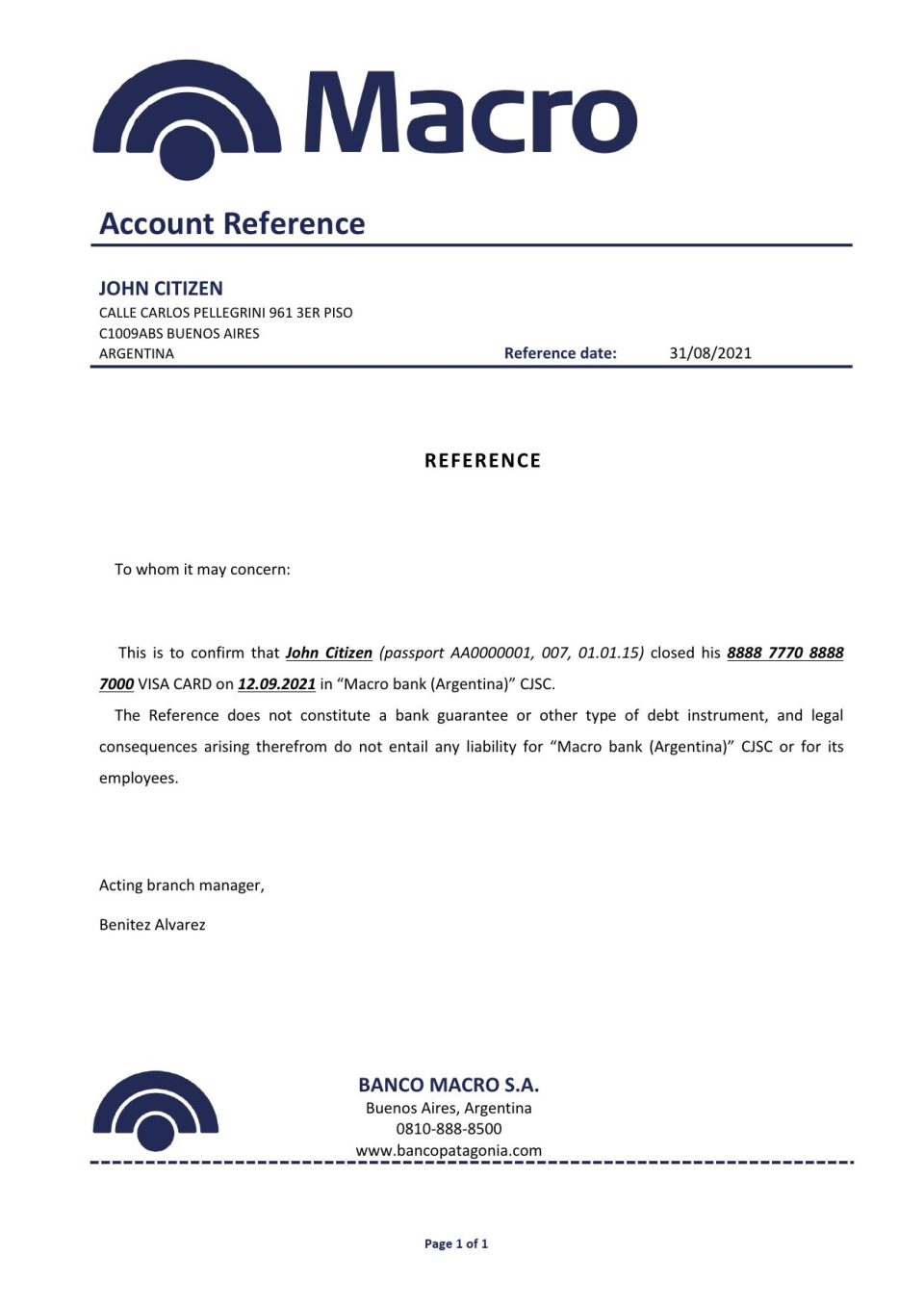 Download Argentina Banco Macro Bank Reference Letter Templates | Editable Word