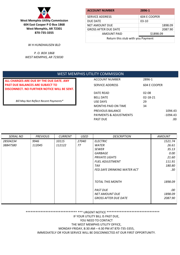 USA Arkansas West Memphis utility bill template in Word and PDF format